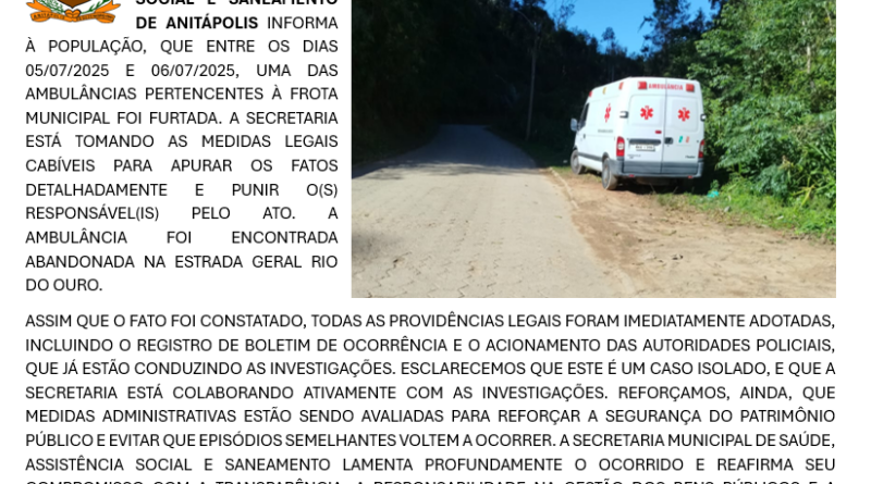 NOTA - FURTO DA AMBULANCIA